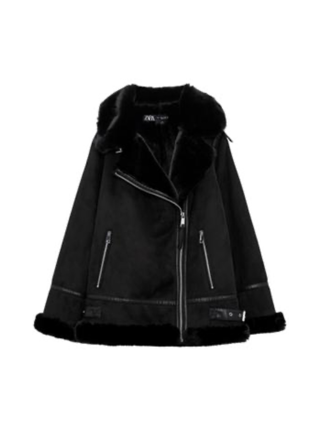 Zara Black Faux Suede Shearling-Trim Moto Jacket